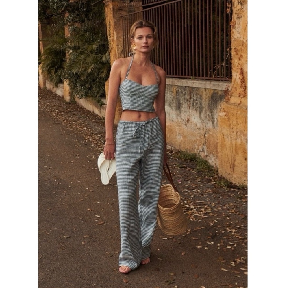 Reformation Jaida Linen Pants - Slate Check - S